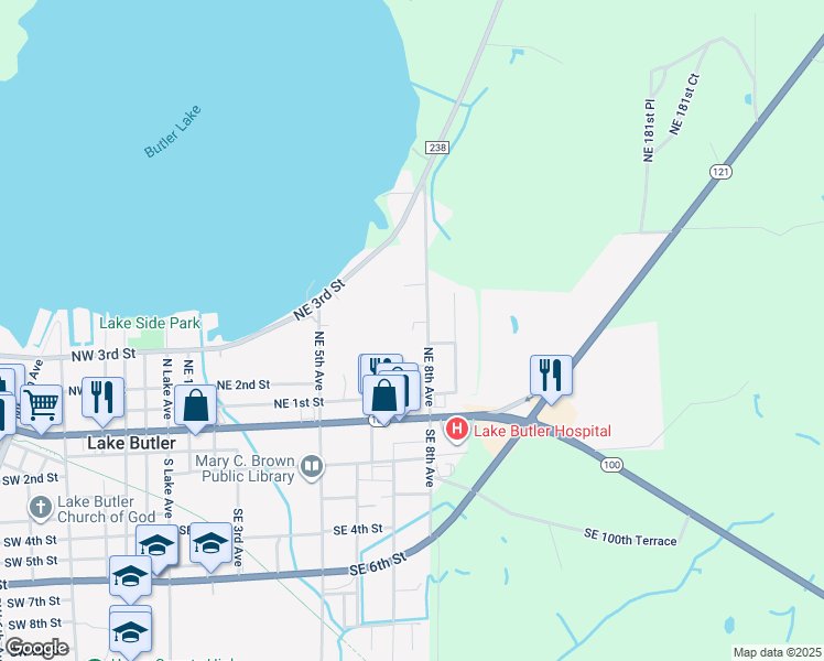 map of restaurants, bars, coffee shops, grocery stores, and more near 741 Northeast Maple Street in Lake Butler
