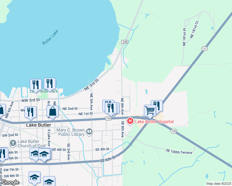map of restaurants, bars, coffee shops, grocery stores, and more near 741 Northeast Maple Street in Lake Butler