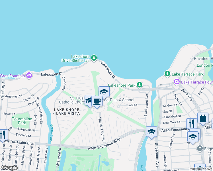 map of restaurants, bars, coffee shops, grocery stores, and more near 2 Tern Street in New Orleans