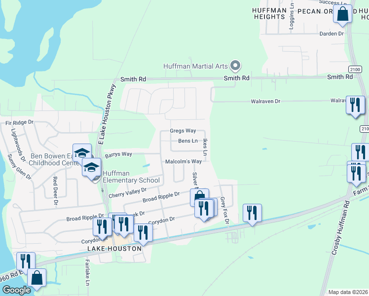 map of restaurants, bars, coffee shops, grocery stores, and more near 846 Bens Lane in Huffman