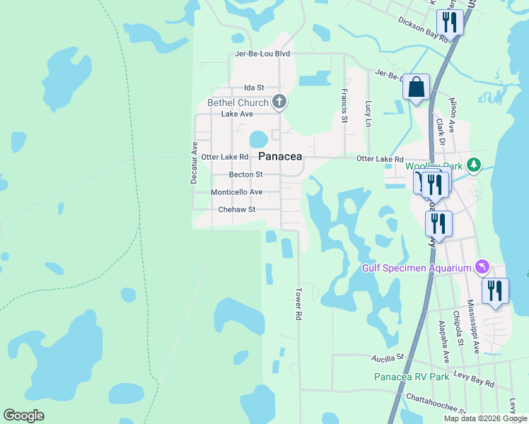 map of restaurants, bars, coffee shops, grocery stores, and more near 15 Chehaw Street in Panacea