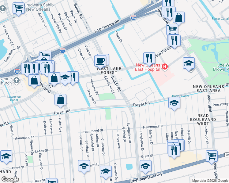 map of restaurants, bars, coffee shops, grocery stores, and more near 5400 Bundy Road in New Orleans
