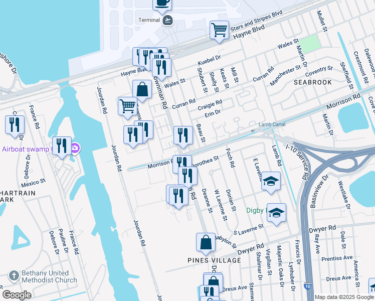 map of restaurants, bars, coffee shops, grocery stores, and more near 7326 Alabama Street in New Orleans