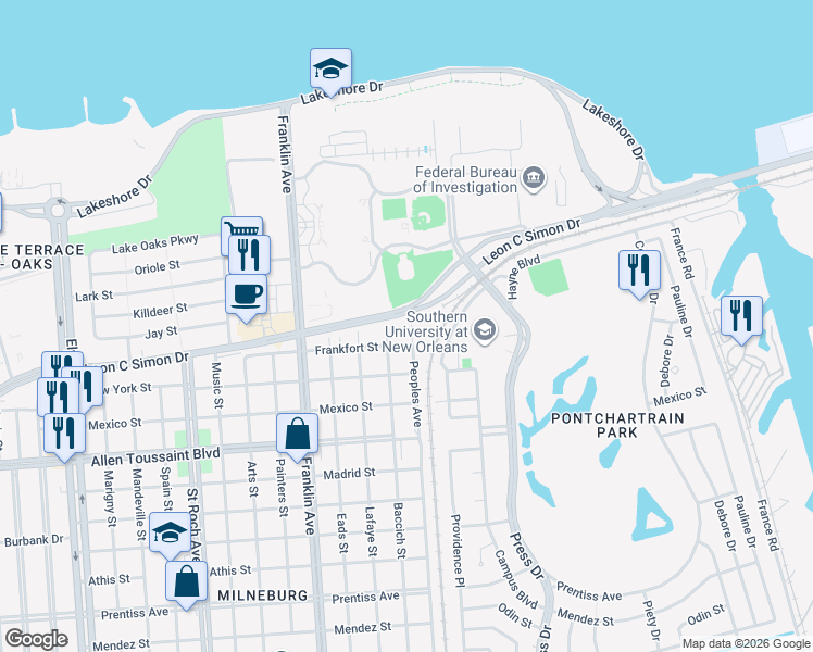 map of restaurants, bars, coffee shops, grocery stores, and more near 6532 Peoples Avenue in New Orleans