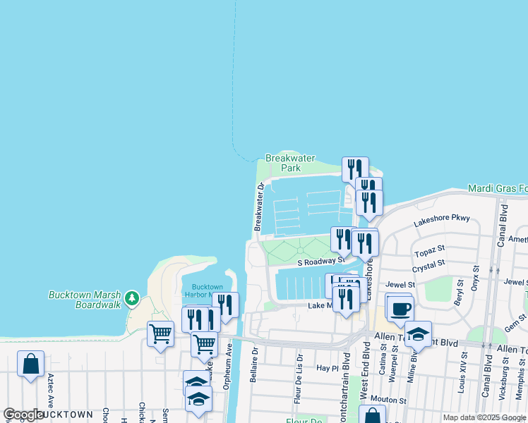 map of restaurants, bars, coffee shops, grocery stores, and more near 7802 Breakwater Drive in New Orleans