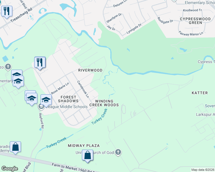 map of restaurants, bars, coffee shops, grocery stores, and more near 22481 Countryside Lane in Humble