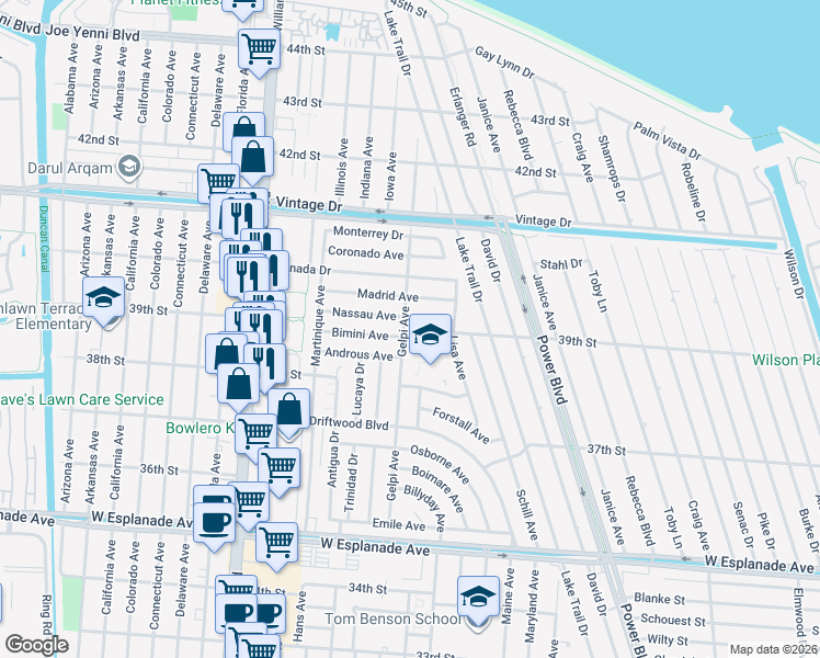 map of restaurants, bars, coffee shops, grocery stores, and more near 46 Nassau Avenue in Kenner