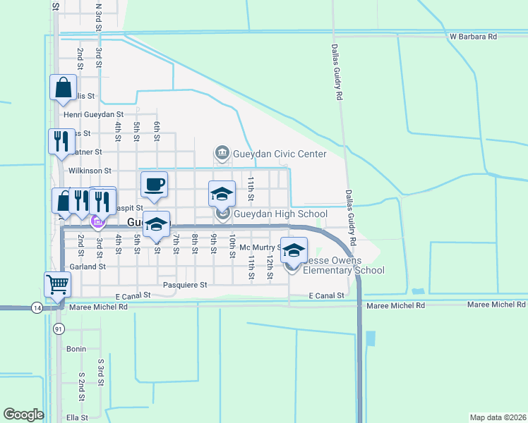 map of restaurants, bars, coffee shops, grocery stores, and more near 1112 Daspit Street in Gueydan