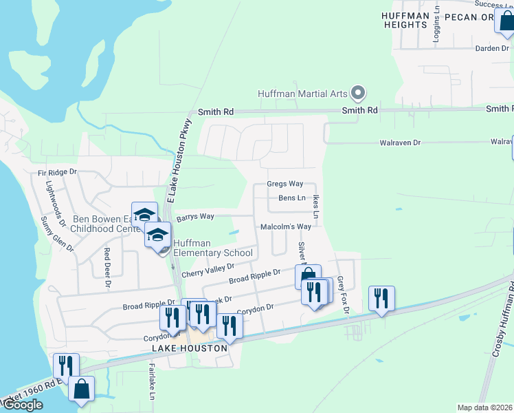 map of restaurants, bars, coffee shops, grocery stores, and more near 24522 Strong Pine Drive in Huffman