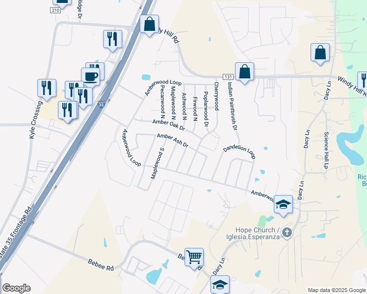 map of restaurants, bars, coffee shops, grocery stores, and more near 181 Firwood South in Kyle