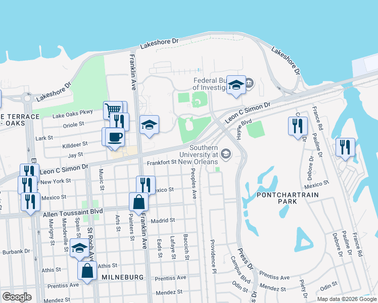map of restaurants, bars, coffee shops, grocery stores, and more near 6532 Peoples Avenue in New Orleans
