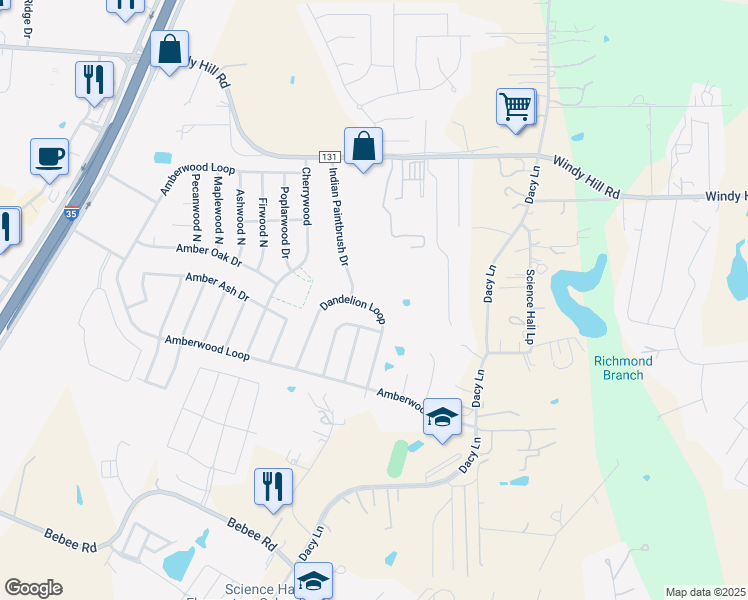 map of restaurants, bars, coffee shops, grocery stores, and more near 389 Dandelion Loop in Kyle