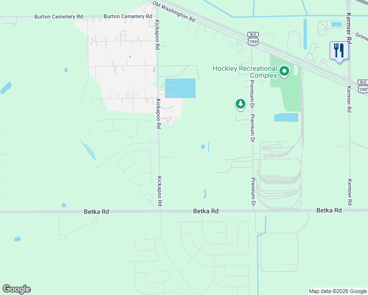 map of restaurants, bars, coffee shops, grocery stores, and more near 17250 Kickapoo Road in Waller