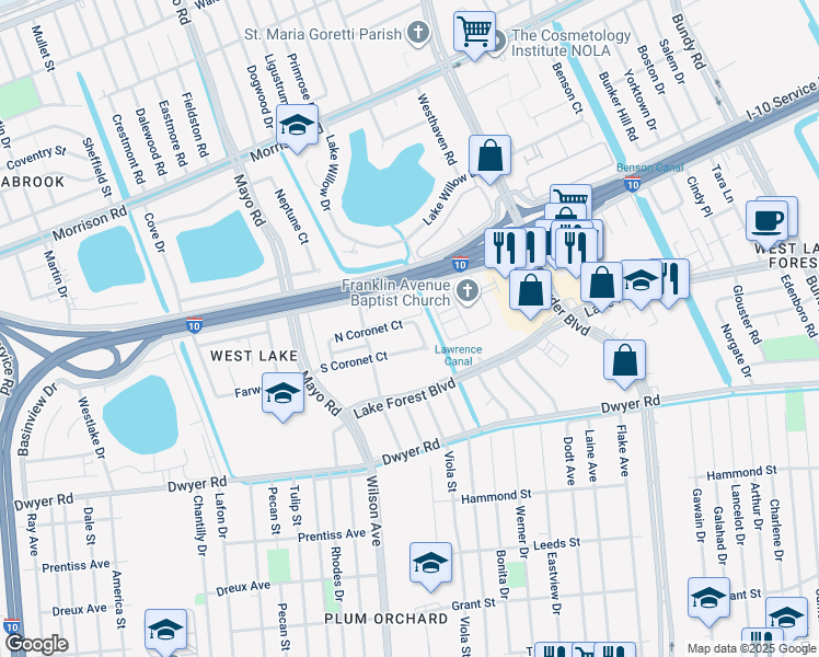 map of restaurants, bars, coffee shops, grocery stores, and more near 6881 Parc Brittany Boulevard in New Orleans
