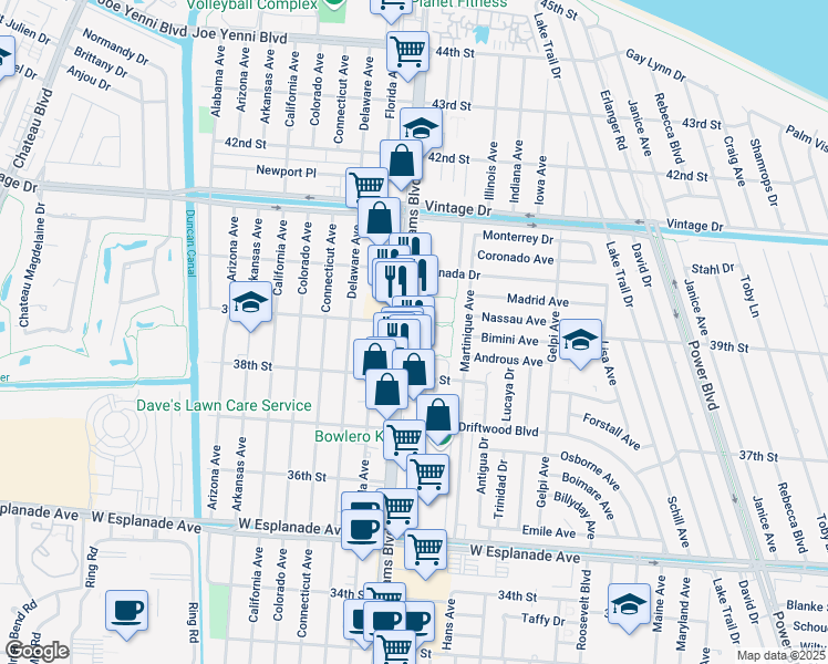map of restaurants, bars, coffee shops, grocery stores, and more near 3901 Williams Boulevard in Kenner