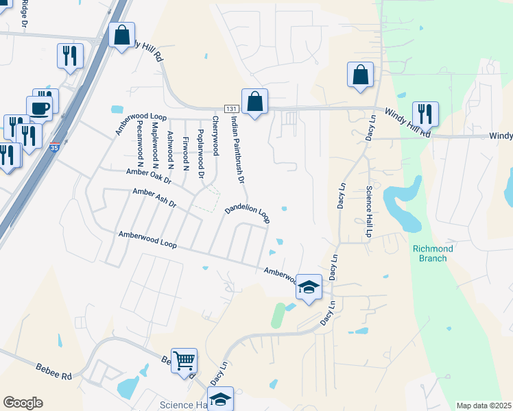 map of restaurants, bars, coffee shops, grocery stores, and more near 389 Dandelion Loop in Kyle
