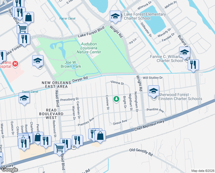 map of restaurants, bars, coffee shops, grocery stores, and more near 1071 Vienna Street in New Orleans