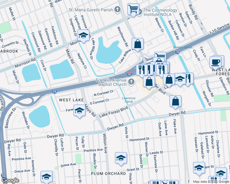 map of restaurants, bars, coffee shops, grocery stores, and more near 6881 Parc Brittany Boulevard in New Orleans