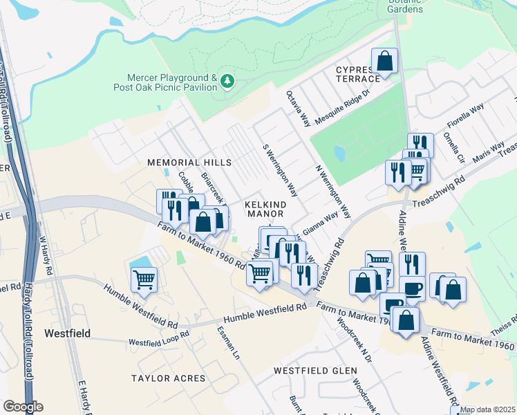 map of restaurants, bars, coffee shops, grocery stores, and more near 2203 Millhouse Road in Houston