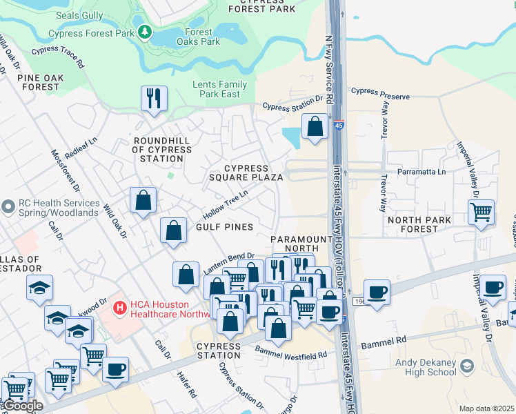 map of restaurants, bars, coffee shops, grocery stores, and more near 101 Hollow Tree Lane in Houston