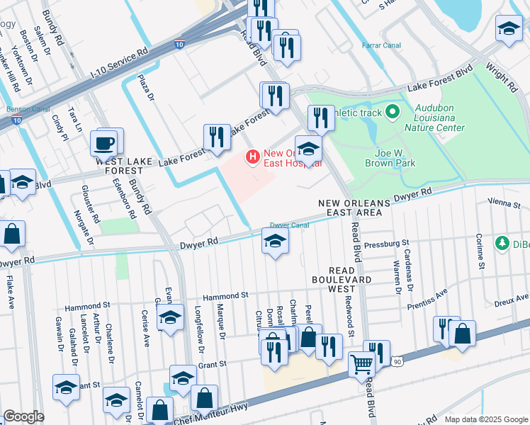 map of restaurants, bars, coffee shops, grocery stores, and more near 5552 Read Boulevard in New Orleans