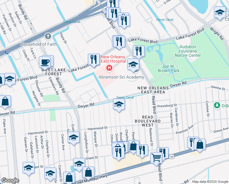 map of restaurants, bars, coffee shops, grocery stores, and more near 5552 Read Boulevard in New Orleans