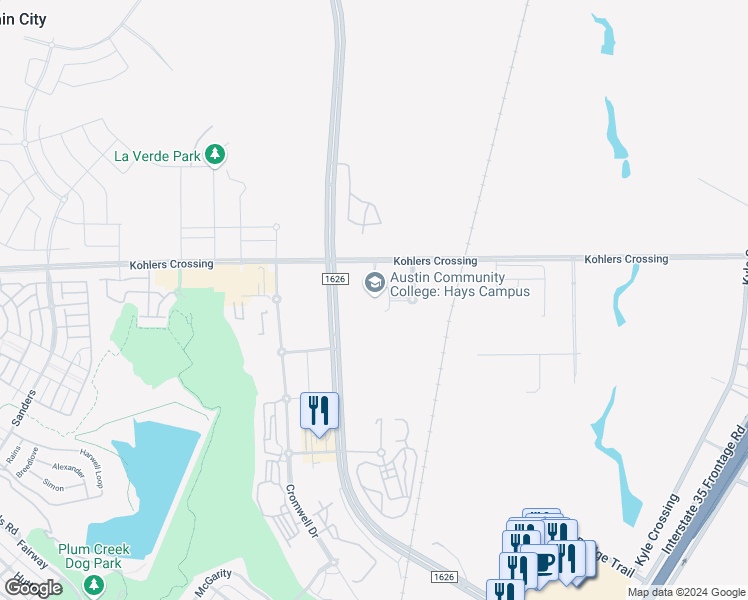 map of restaurants, bars, coffee shops, grocery stores, and more near 1200 Kohlers Crossing in Kyle