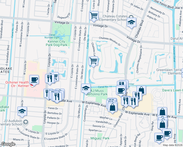 map of restaurants, bars, coffee shops, grocery stores, and more near 109 Chateau Latour Drive in Kenner