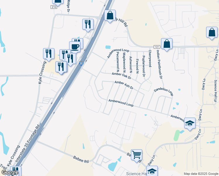 map of restaurants, bars, coffee shops, grocery stores, and more near 128 Amber Ash Drive in Kyle