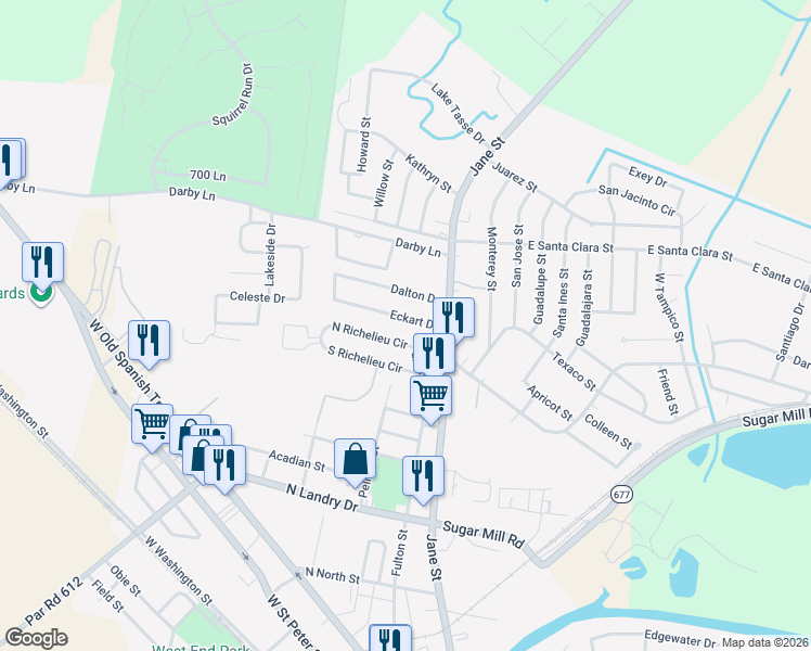 map of restaurants, bars, coffee shops, grocery stores, and more near 171 Eckart Drive in New Iberia