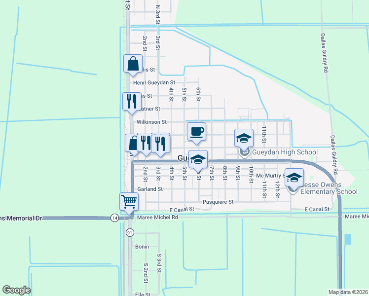 map of restaurants, bars, coffee shops, grocery stores, and more near 499 Daspit St in Gueydan