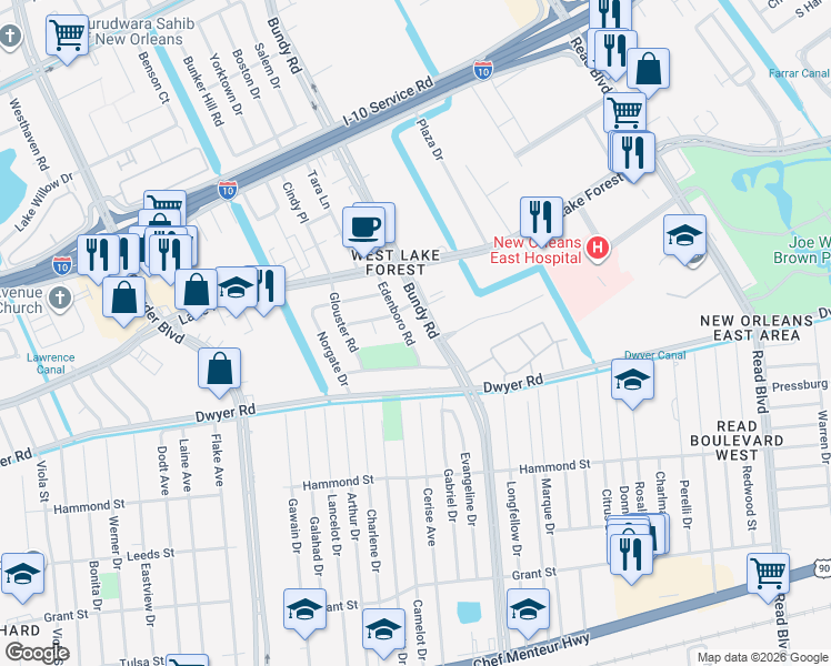 map of restaurants, bars, coffee shops, grocery stores, and more near 5400 Bundy Road in New Orleans