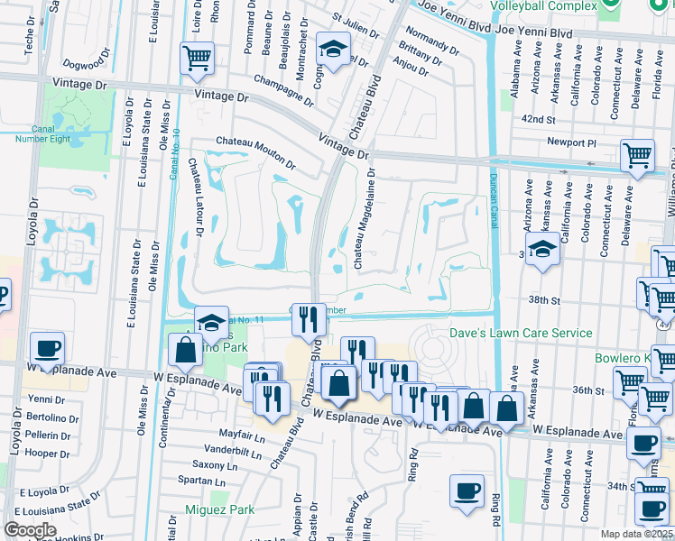 map of restaurants, bars, coffee shops, grocery stores, and more near 3600 Chateau Boulevard in Kenner