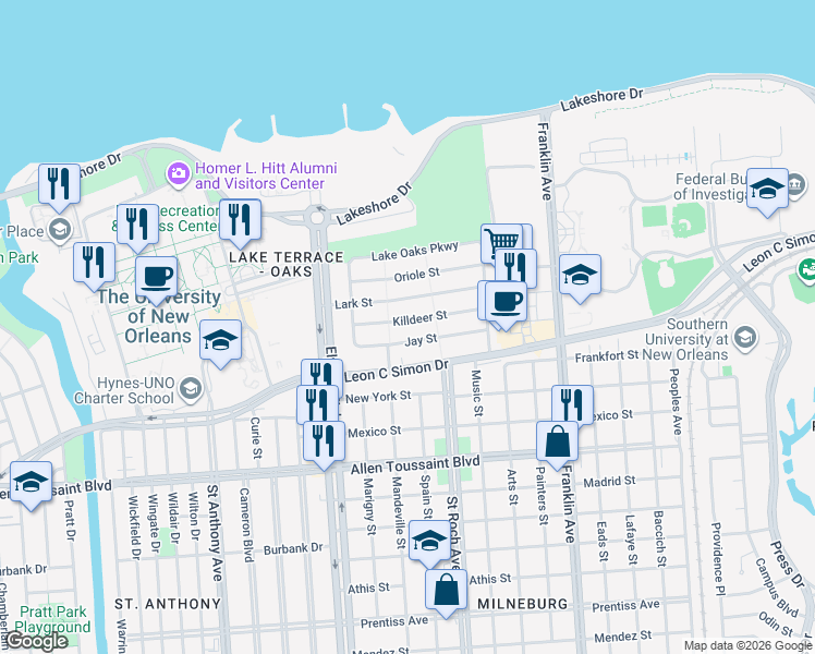 map of restaurants, bars, coffee shops, grocery stores, and more near 2321 Killdeer Street in New Orleans