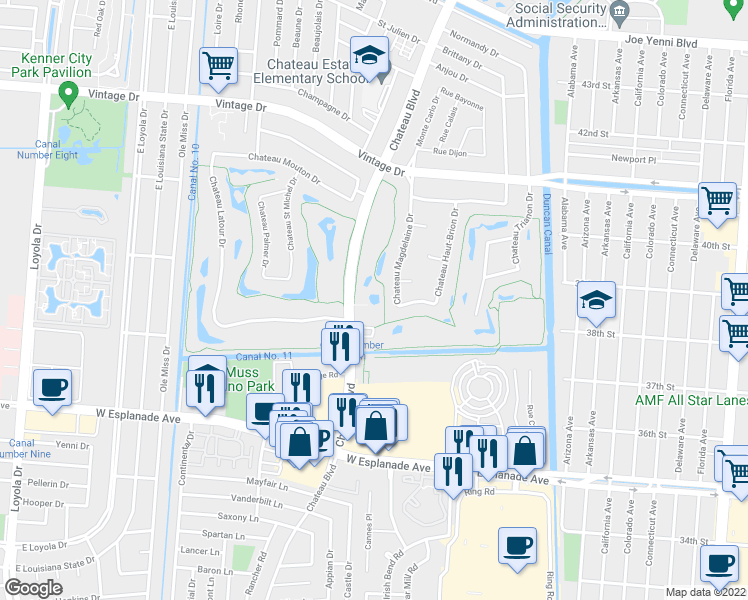 map of restaurants, bars, coffee shops, grocery stores, and more near 3600 Chateau Boulevard in Kenner
