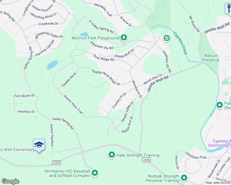 map of restaurants, bars, coffee shops, grocery stores, and more near 10 Wildflower Way in Wimberley