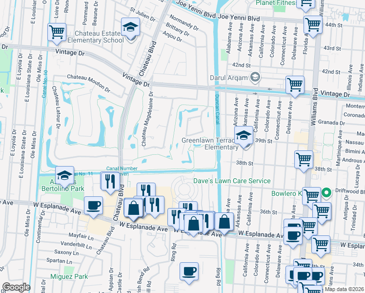 map of restaurants, bars, coffee shops, grocery stores, and more near 7 Chateau Rue Du Jardin Street in Kenner
