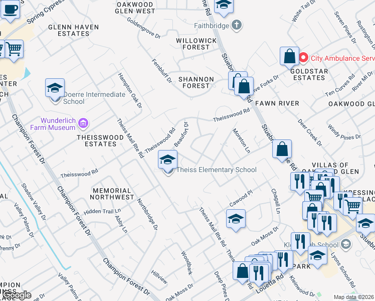 map of restaurants, bars, coffee shops, grocery stores, and more near 17519 Shelburne Lane in Spring