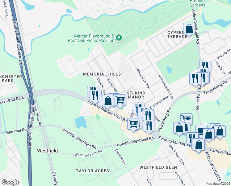 map of restaurants, bars, coffee shops, grocery stores, and more near 2202 Briarcreek Boulevard in Houston