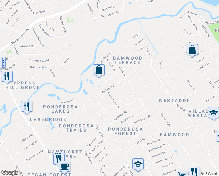 map of restaurants, bars, coffee shops, grocery stores, and more near 1602 Elk River Road in Houston
