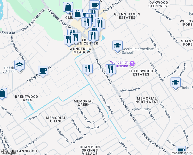 map of restaurants, bars, coffee shops, grocery stores, and more near 8307 Ash Valley Drive in Spring