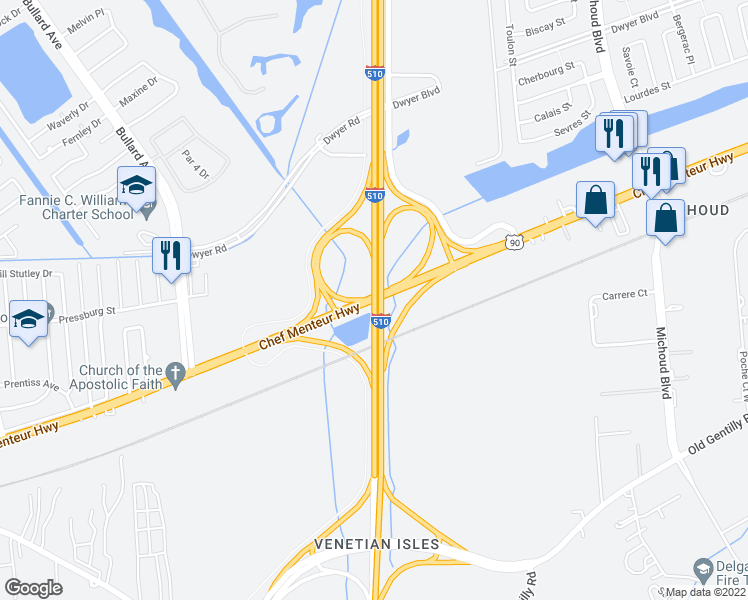 map of restaurants, bars, coffee shops, grocery stores, and more near Hwy 90 in New Orleans