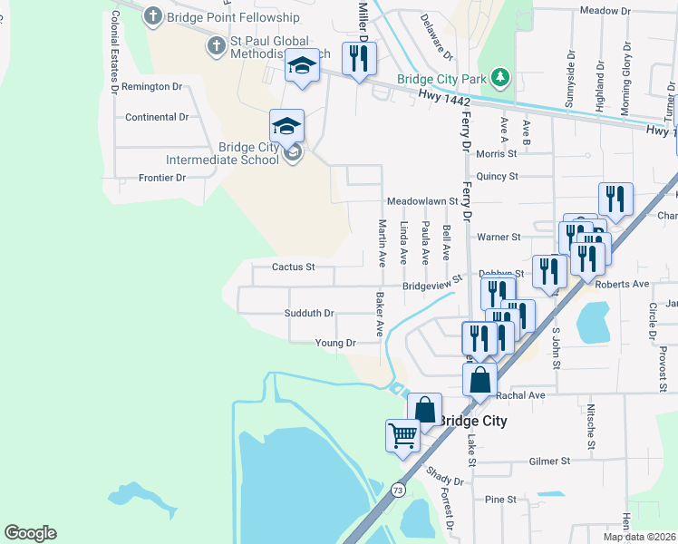 map of restaurants, bars, coffee shops, grocery stores, and more near 675 Cactus Street in Bridge City