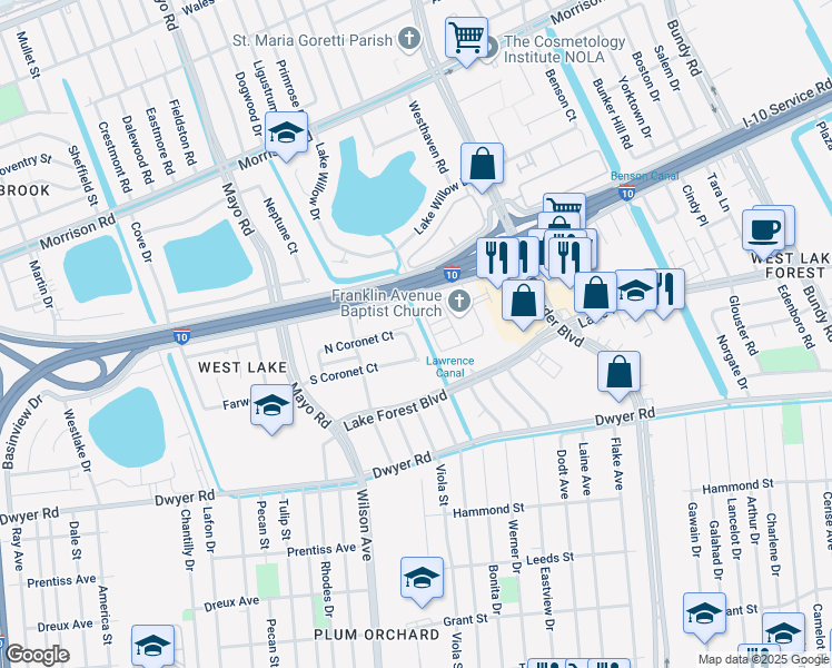 map of restaurants, bars, coffee shops, grocery stores, and more near 6841 East Coronet Court in New Orleans