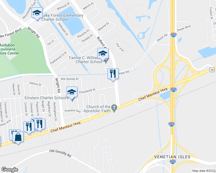 map of restaurants, bars, coffee shops, grocery stores, and more near 4900 Meadowbank Drive in New Orleans