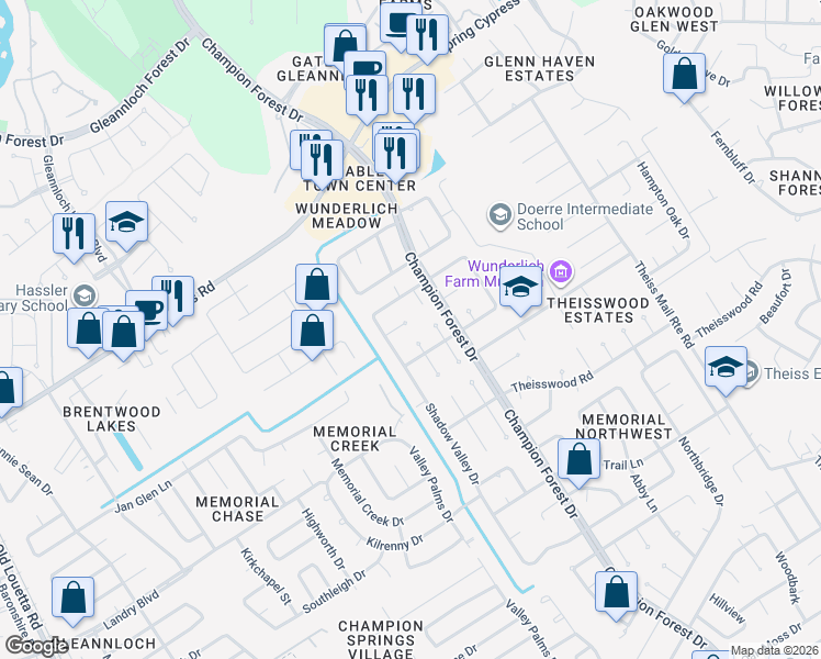 map of restaurants, bars, coffee shops, grocery stores, and more near 8307 Ash Valley Drive in Spring