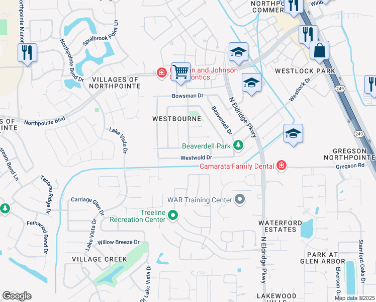map of restaurants, bars, coffee shops, grocery stores, and more near 12305 Westlock Drive in Tomball