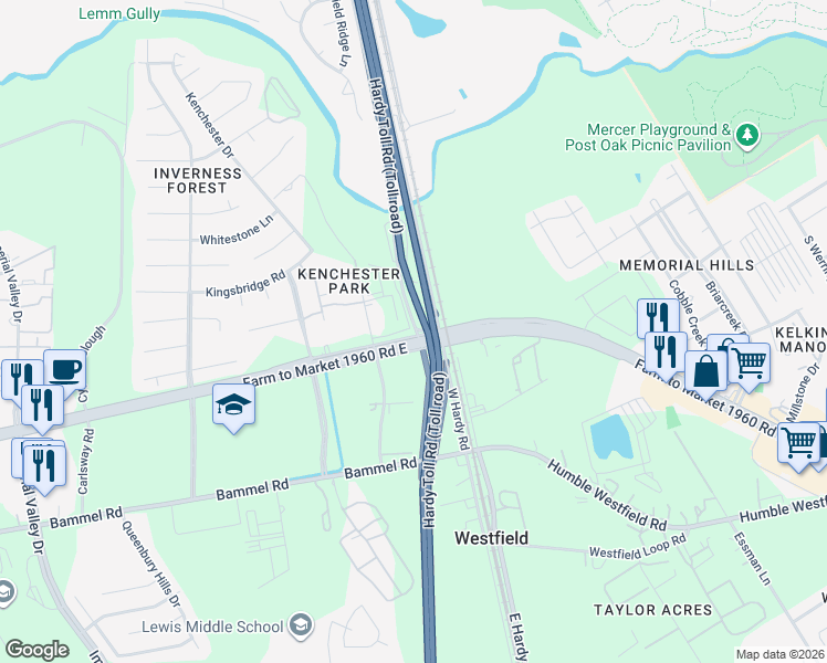map of restaurants, bars, coffee shops, grocery stores, and more near Hardy Toll Road in Houston