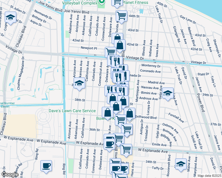 map of restaurants, bars, coffee shops, grocery stores, and more near 3823 Florida Avenue in Kenner