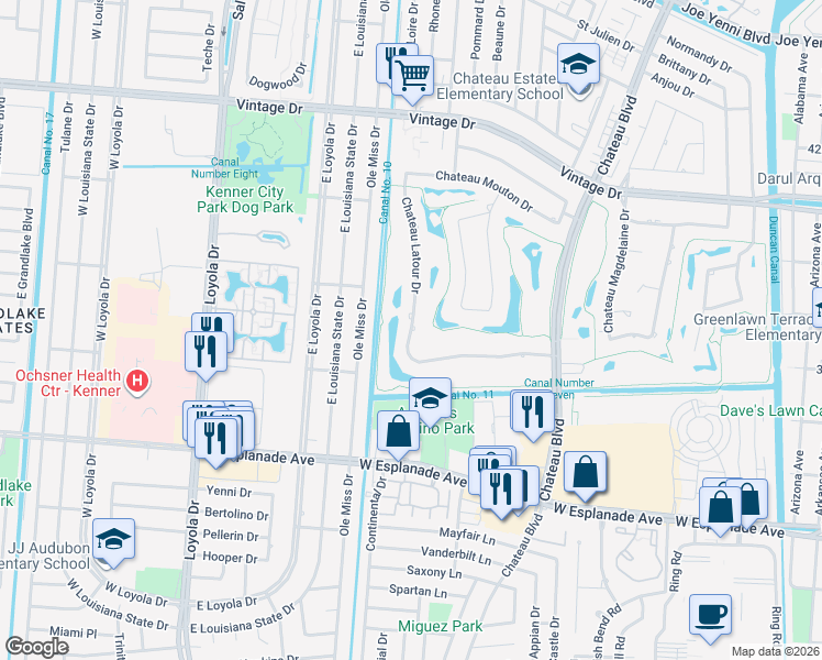 map of restaurants, bars, coffee shops, grocery stores, and more near 109 Chateau Latour Drive in Kenner